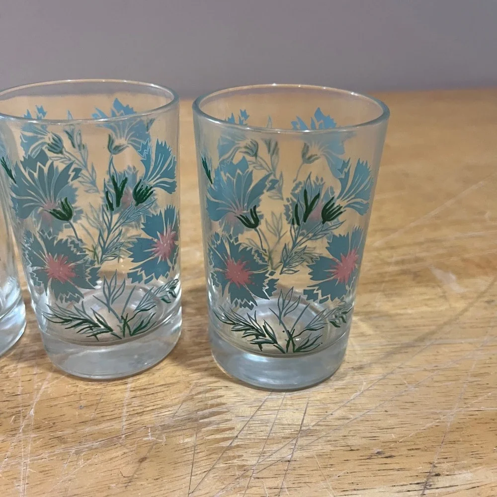 Vtg Taylor Smith & Taylor Ever Yours Teal Floral Juice Glasses MCM Set of 4